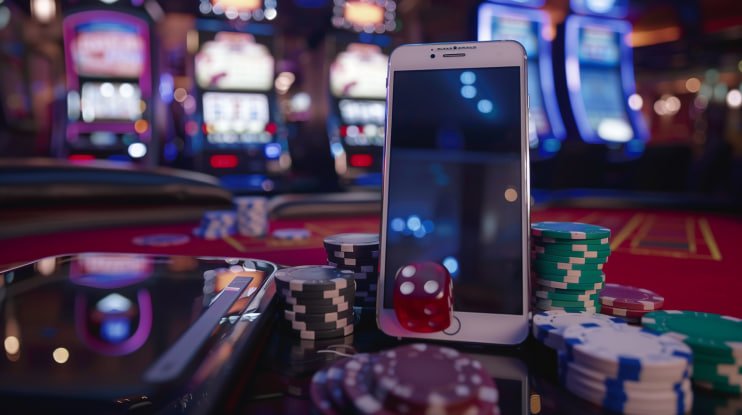Ilustrasi hiburan casino langsung dengan dealer dan pemain yang antusias berinteraksi dalam permainan